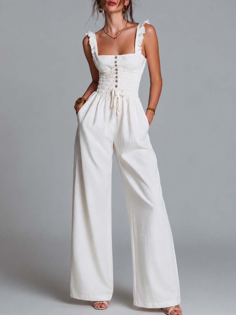 White Cotton Blend Ruffled Strap Smocked Wide-Leg Jumpsuit