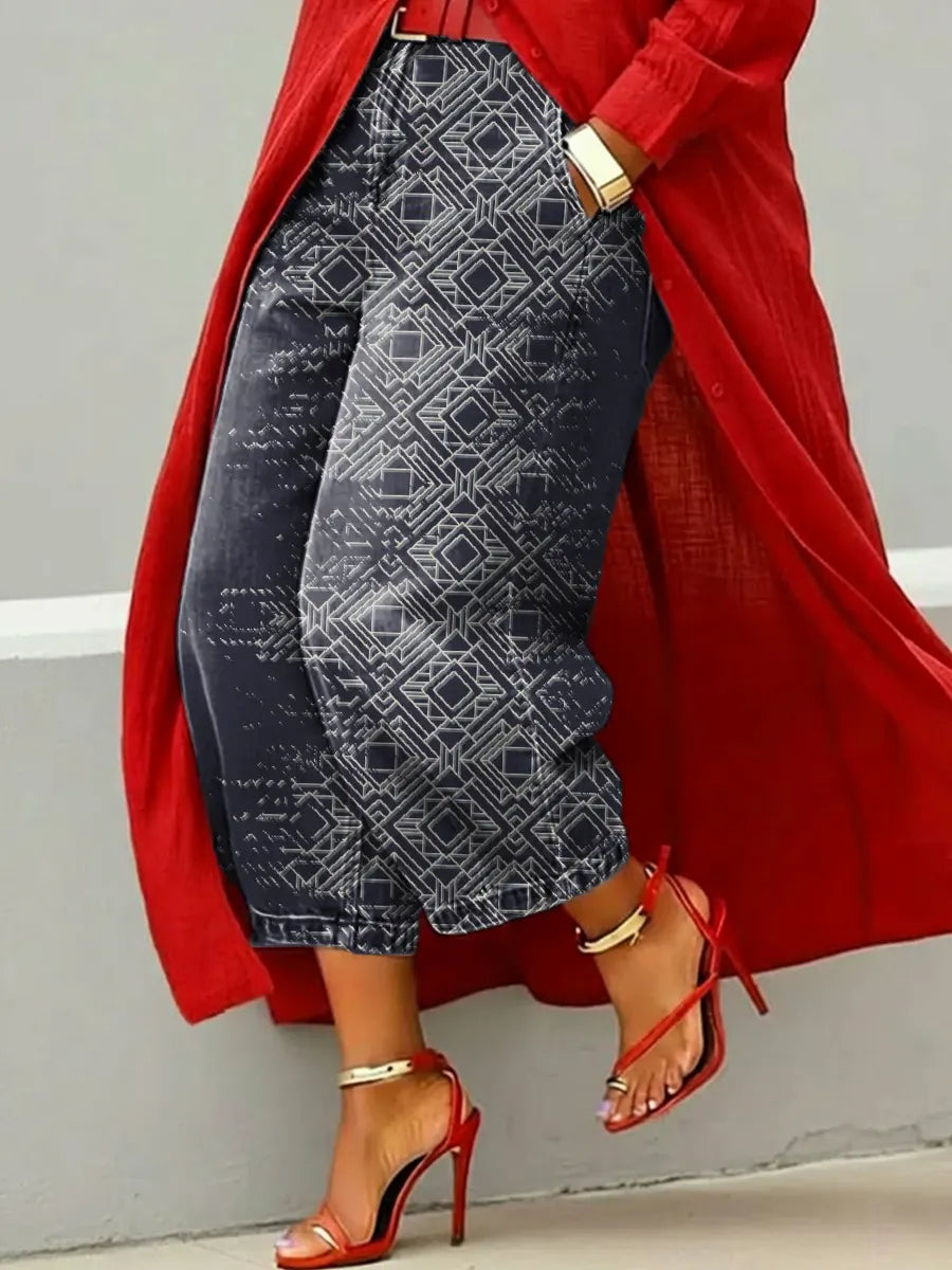 Women's Retro Geometric Pattern Art Print Casual Jeans