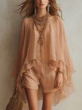 Romantic Apricot-colored Chiffon Pants Set With Ruffles