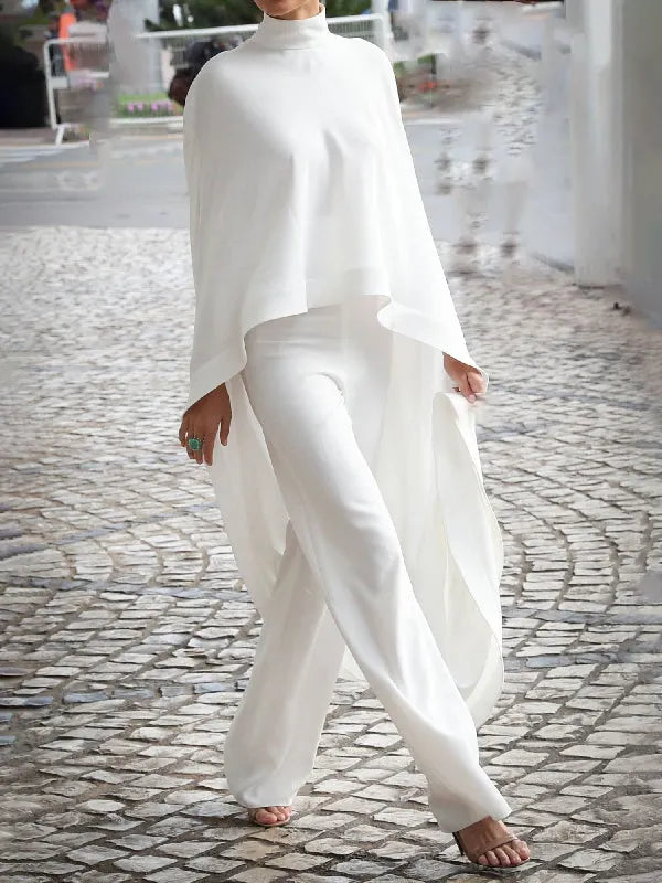 High-low Loose Solid Color High-neck Pants Set Two Pieces Set