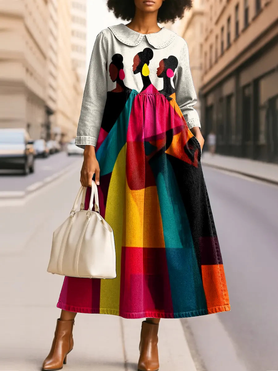 Women's Vintage Black Female Art Print Silhouette Peter Pan Collar Maxi Dress
