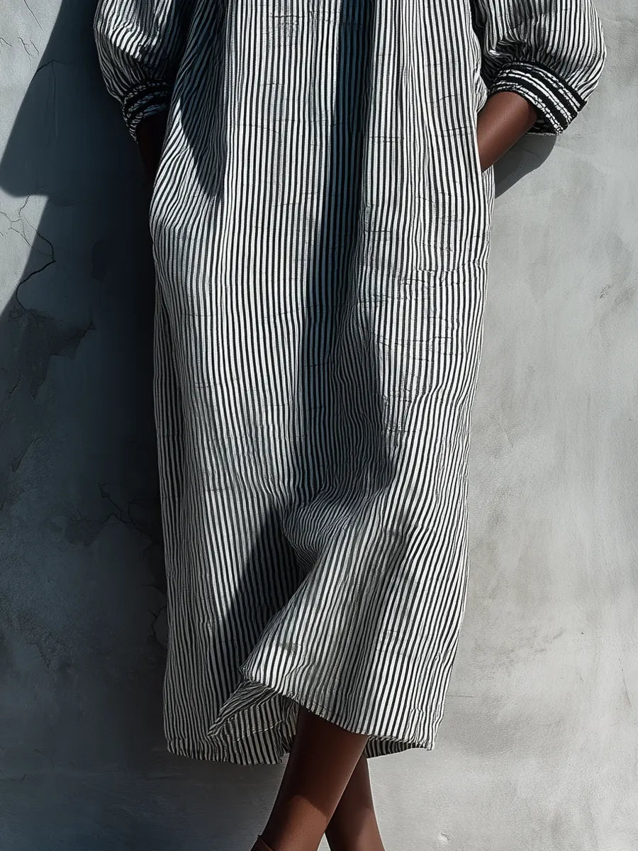 Women's Black White Vertical Stripe Linen Square Neck Puff Sleeve Pocket Loose Midi Dress MDZ0881G8YZJ