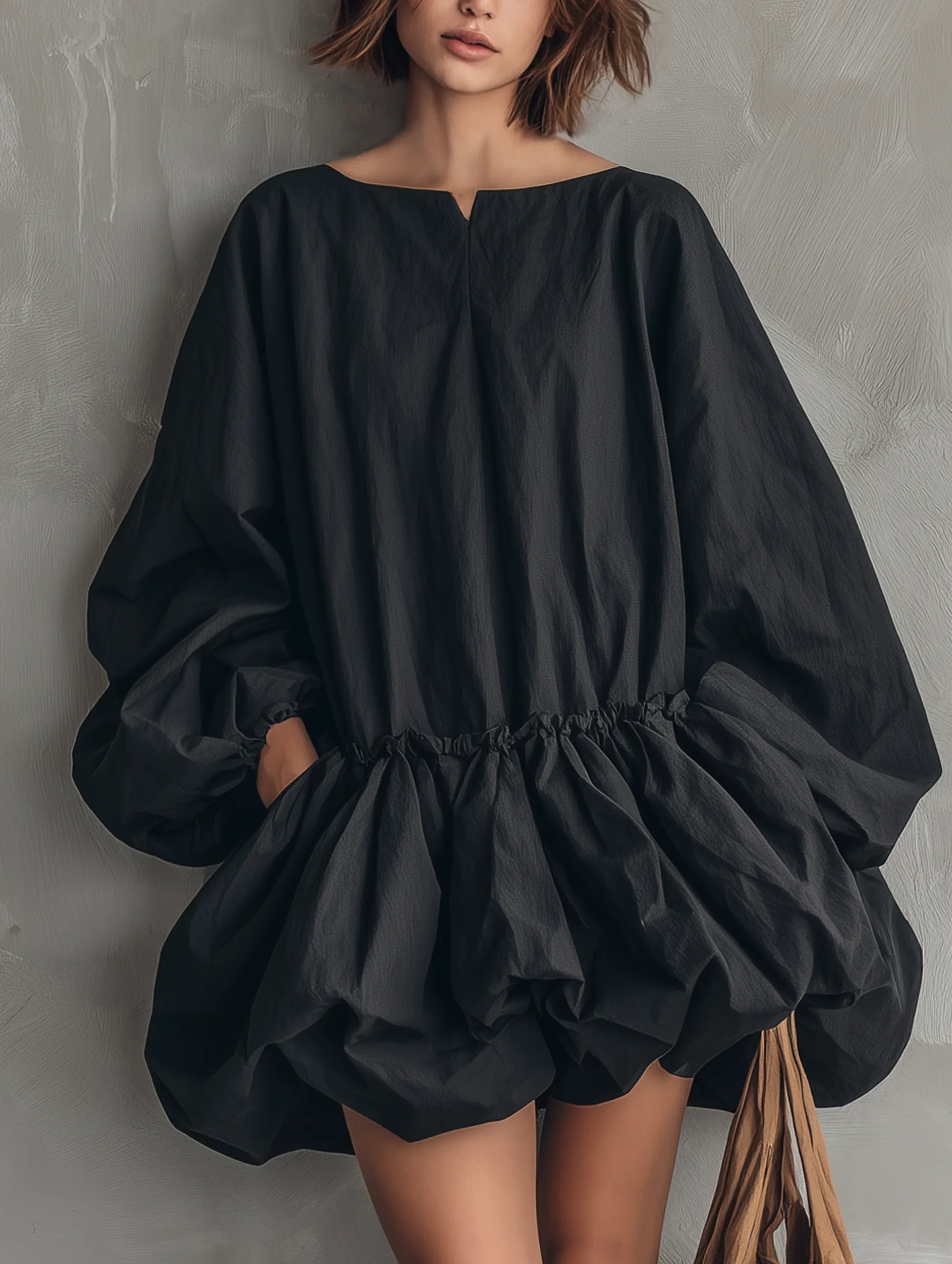 Women's Casual Black Long-sleeve Mini Dress With A Round Neck And Tulip Skirt MDZ0922G5LXY