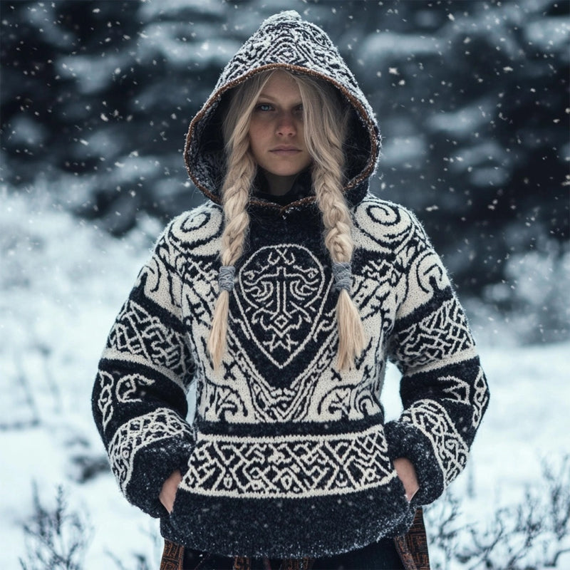 Viking Inspired Celtic Jacquard Chunky Hooded Sweater