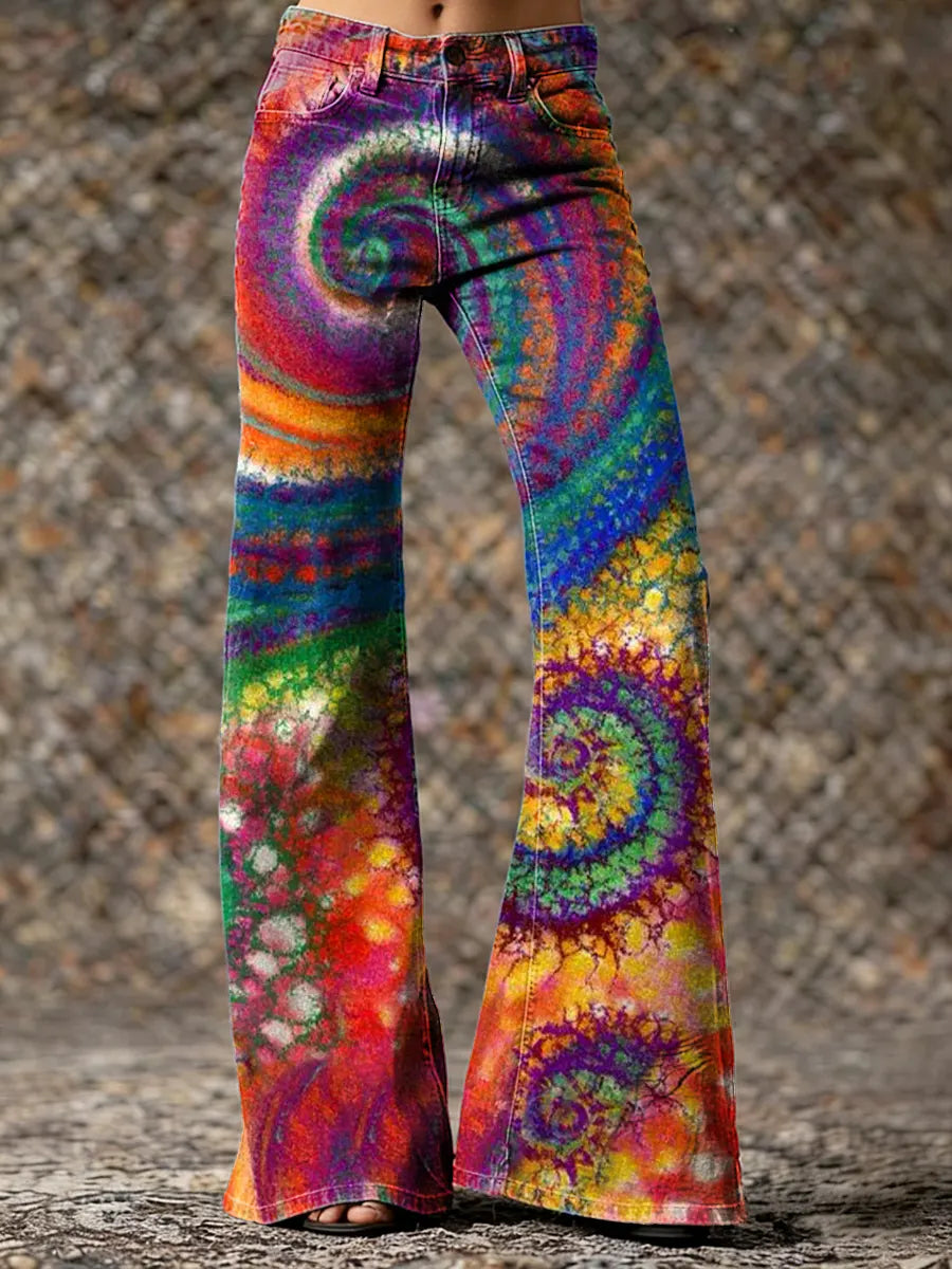 Women's Bohemian Style Colorful Patterned Art Print Casual Slim-fit  Flare Pants
