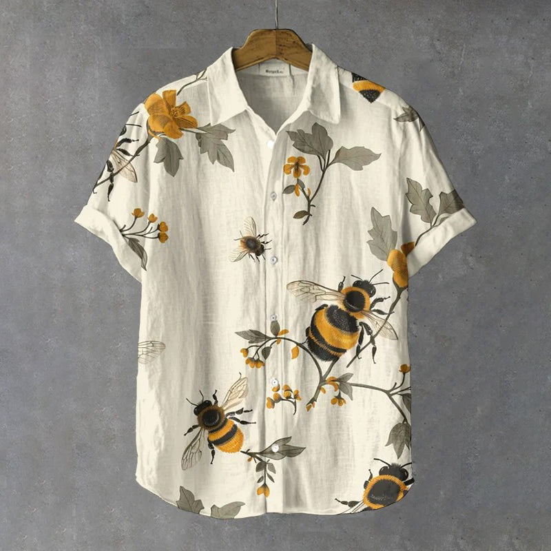 Men's Retro Floral With Bee Print Casual Linen Shirt