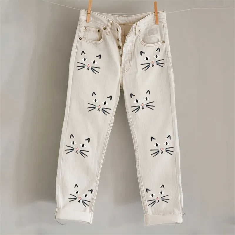 Lovely Cat Faces Embroidery Pattern Washed Jeans