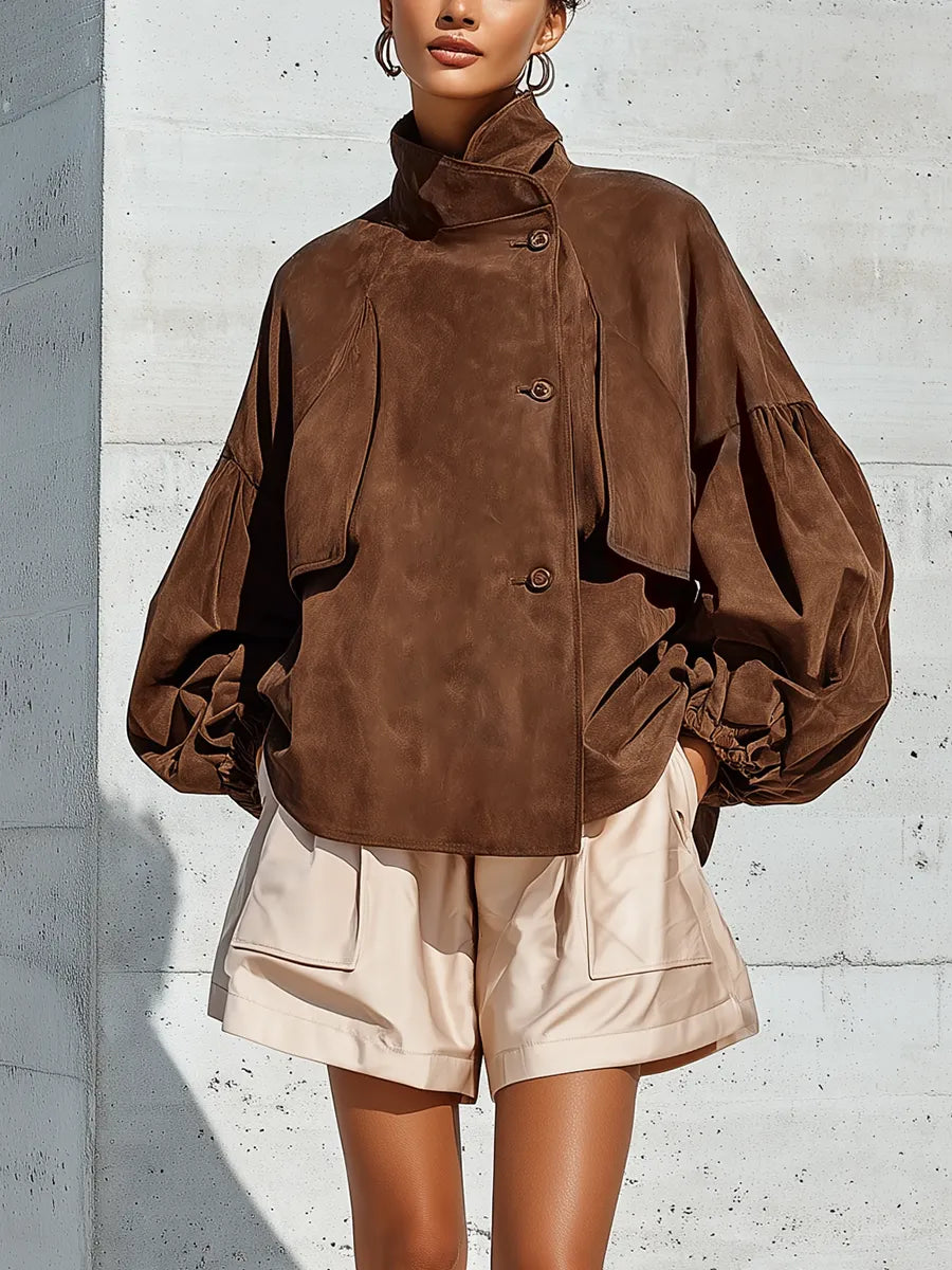 Women's Brown Faux Suede Stand Collar Puff Gathered Cuff Oversized Jacket MDZ1693G6YZJ