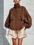 Women's Brown Faux Suede Stand Collar Puff Gathered Cuff Oversized Jacket MDZ1693G6YZJ