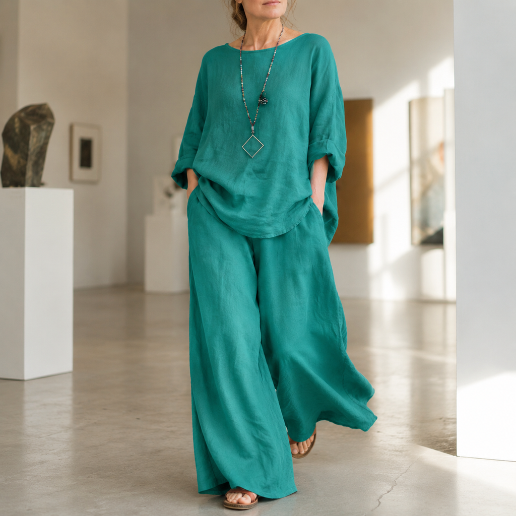 Lunavia – Oversized Cotton-Linen Two-Piece Set with Wide-Leg Pants