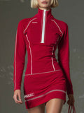 Sporty Stand Collar Zip-up Contrasting Trim Long-sleeved Mini Dress