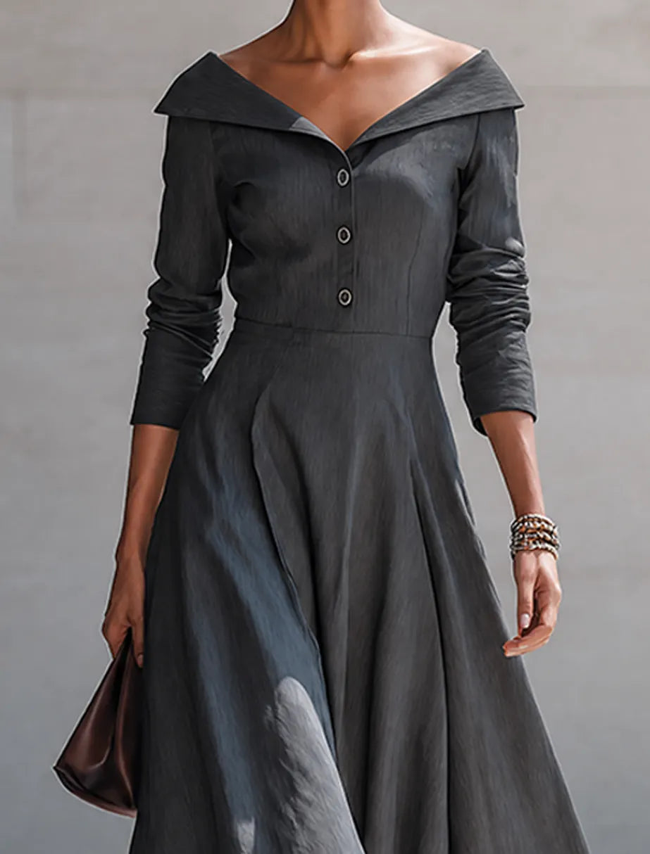 Women's Minimalist Solid-Color Cotton-Linen Off-Shoulder Button-Front Midi Dress MDZ1094G5ZRK