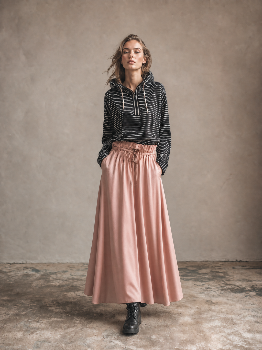 Women's Black White Striped Half Zip Hooded Long Sleeve Loose Top Dusty Pink Drawstring High Waist Side Pocket Flowy Maxi Skirt Two Piece Set MDZ2179G4YZJ