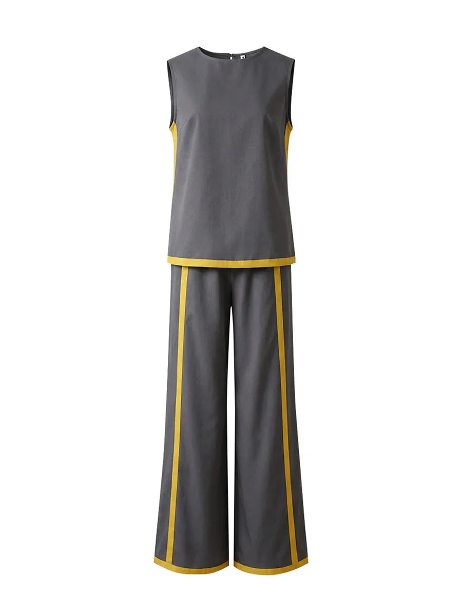 Contrast Color High Waisted Pants + Round-Neck Sleeveless Top Two Pieces Set