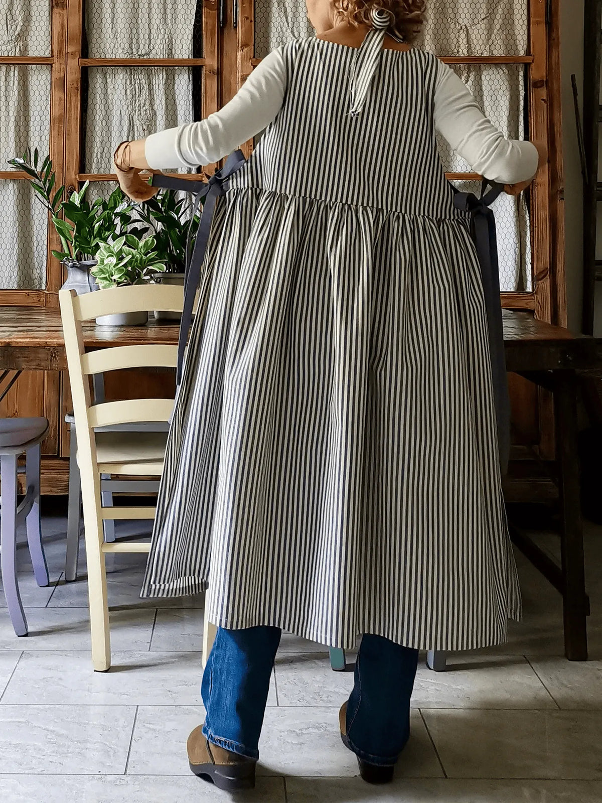 Kitchen Apron for Women in Blue Striped Cotton