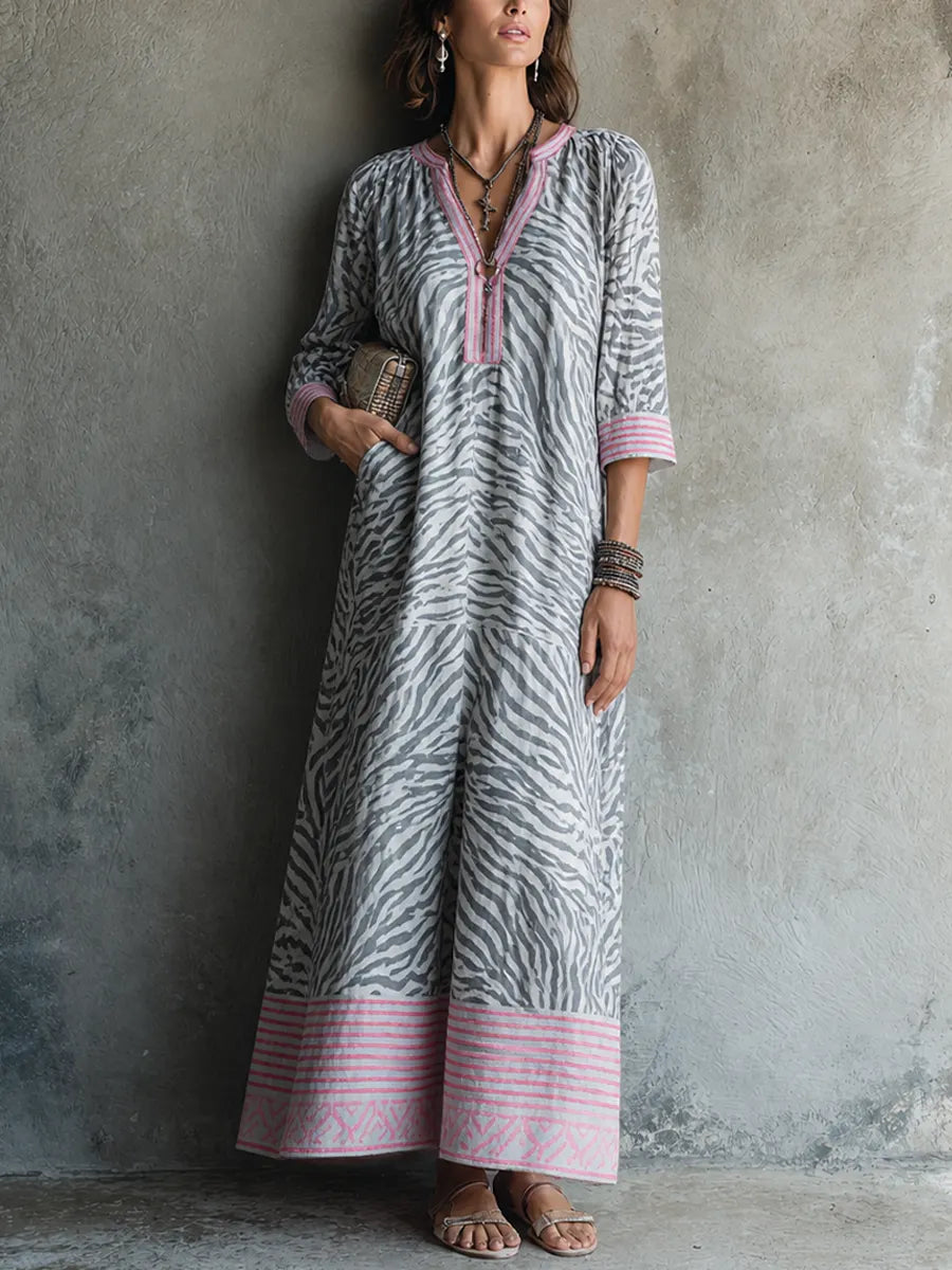 Women's Vacation Style Grey And Pink Cotton Blend V-Neck 3/4 Sleeve Zebra Print Maxi Dress MDZ3025F5GMJ