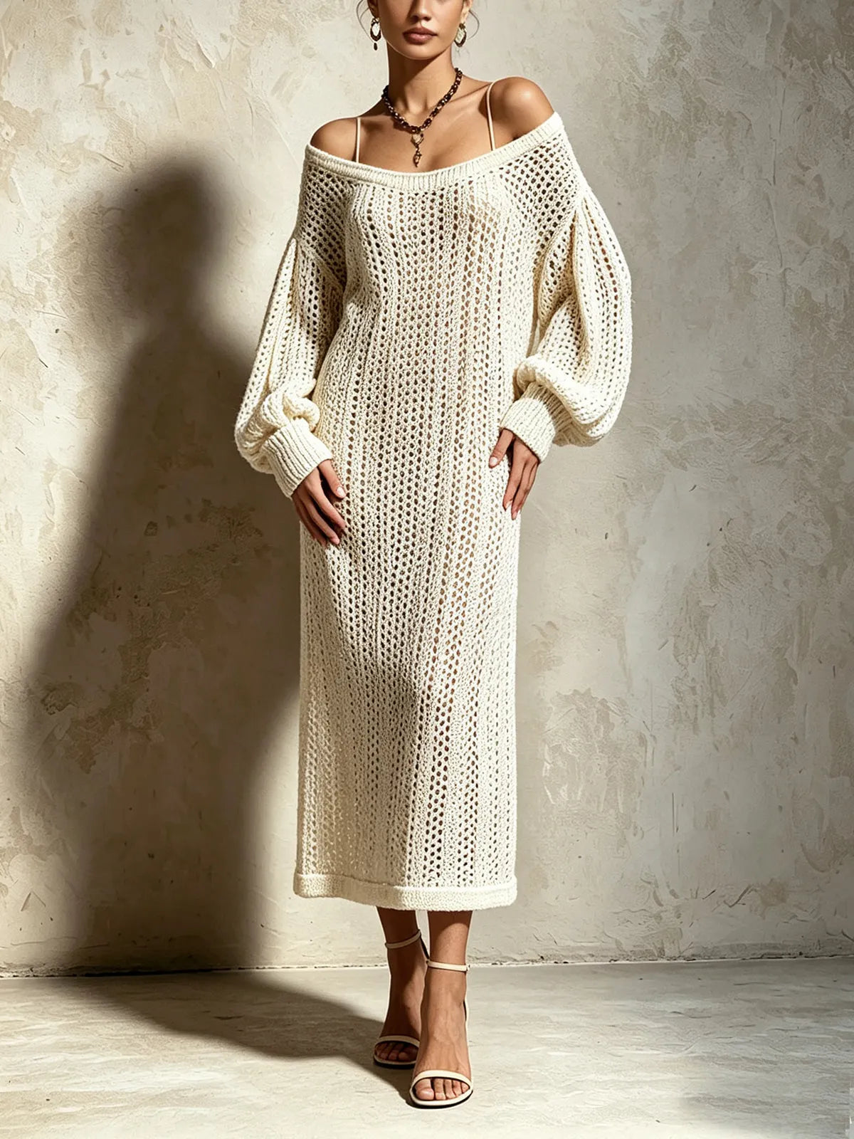 Cream Off Shoulder Open Knit Balloon Sleeve Maxi Dress
