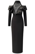 Long Sleeve Crystal Ruffle Detail Maxi Dress Black