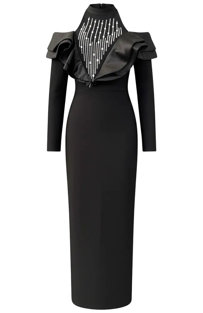 Long Sleeve Crystal Ruffle Detail Maxi Dress Black