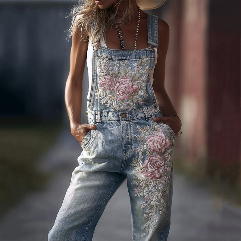 Vintage Pink Roses Embroidered Washed Denim Overall Jumpsuit