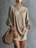 Women's Minimalist Loose-fitting Faux Suede High-neck Mini Dress MDA2423K1Y