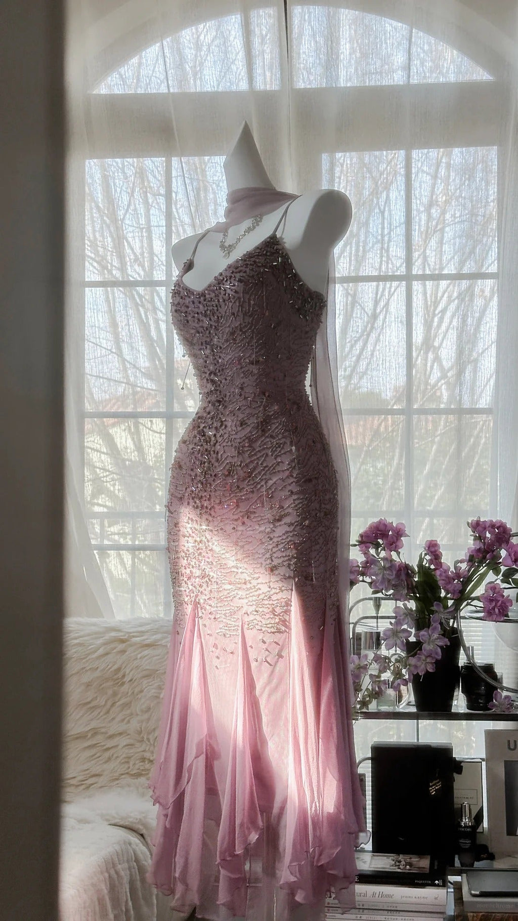 Pink Purple Elegant Romantic Exquisite Beaded Long Chiffon Ball Gown Evening Dress Birthday/Wedding Guest/Holiday Party Dress Prom Dress