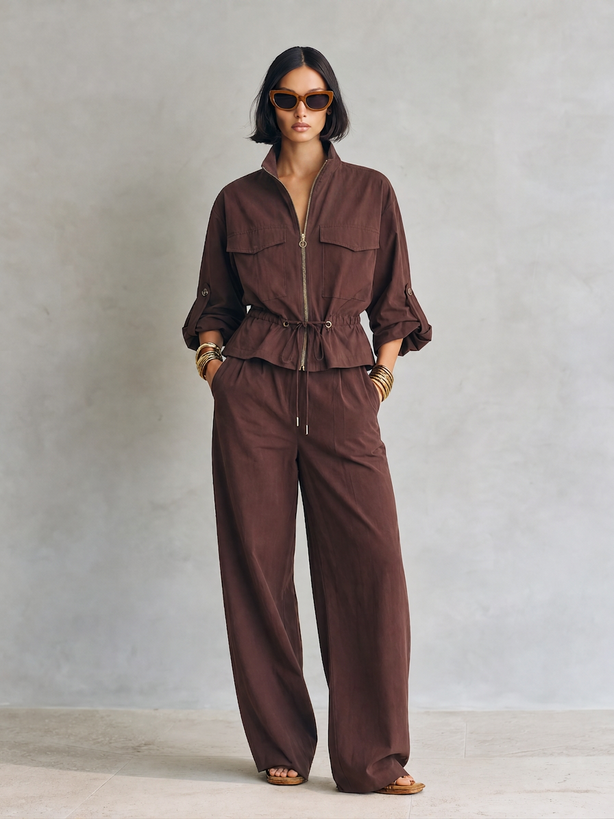 Women's Modern Chocolate Brown Utility Zip-Front Drawstring Jacket And Wide-Leg Pants Two-Piece Set MDZ1781G6ZSQ
