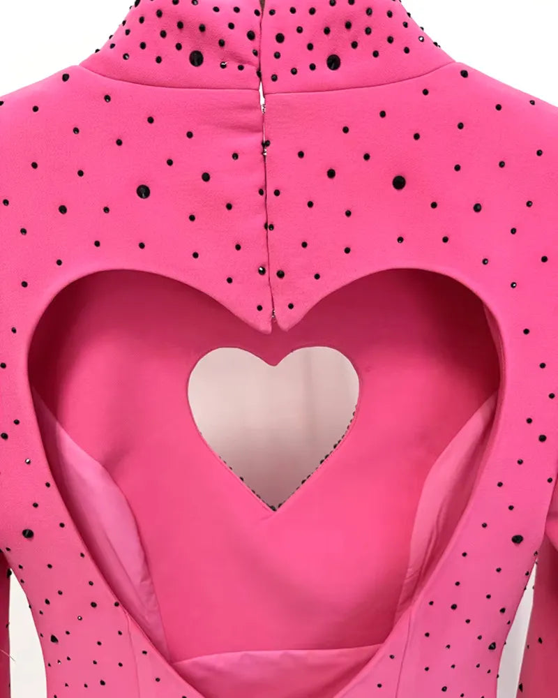 Long Sleeve Embellished Heart Cut Out Maxi Dress Hot Pink