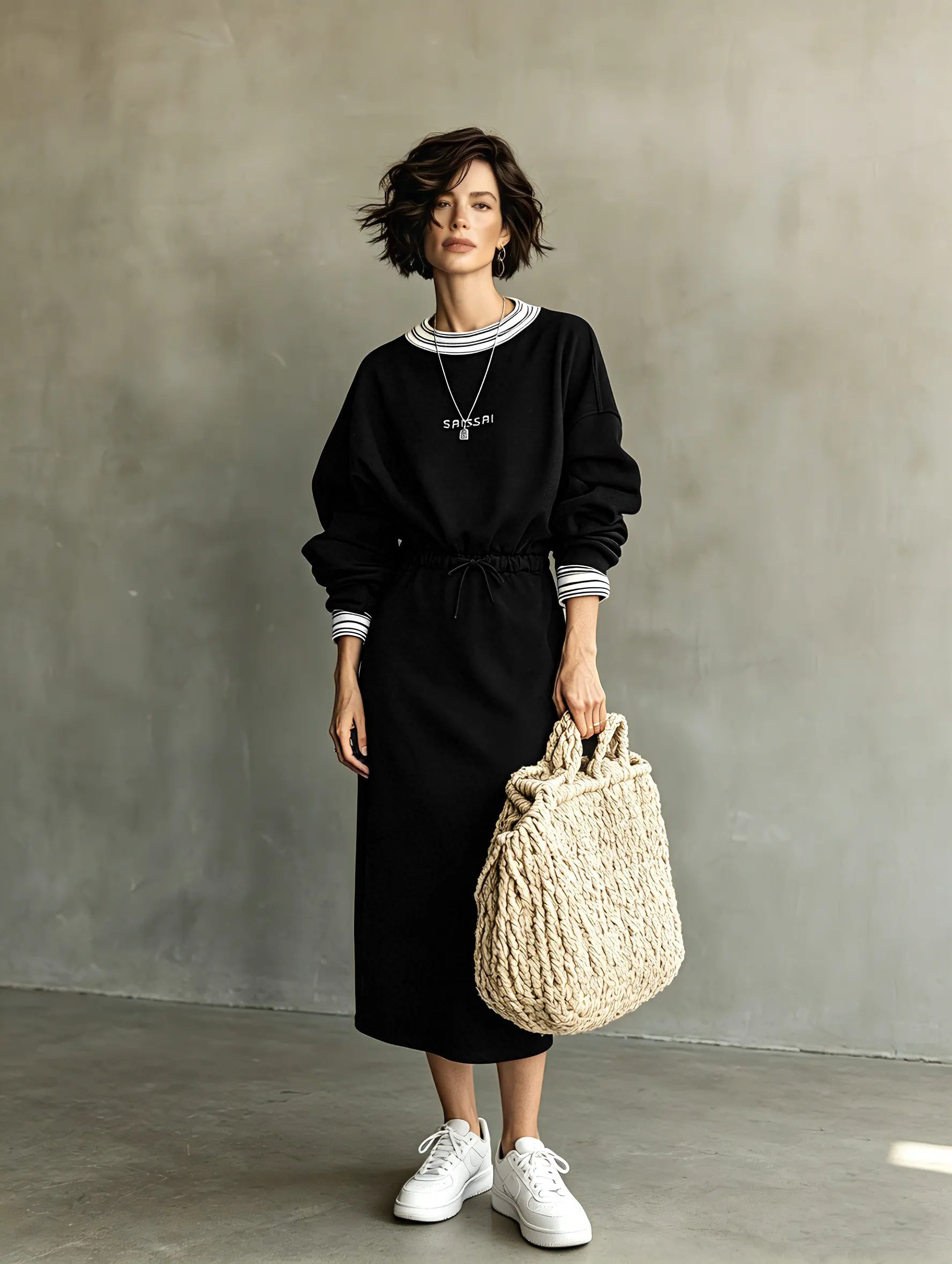 Women's Casual Long-Sleeve Letter-Embroidered Drawstring-Waist Maxi Sweatshirt Dress MDZ2052G9WY