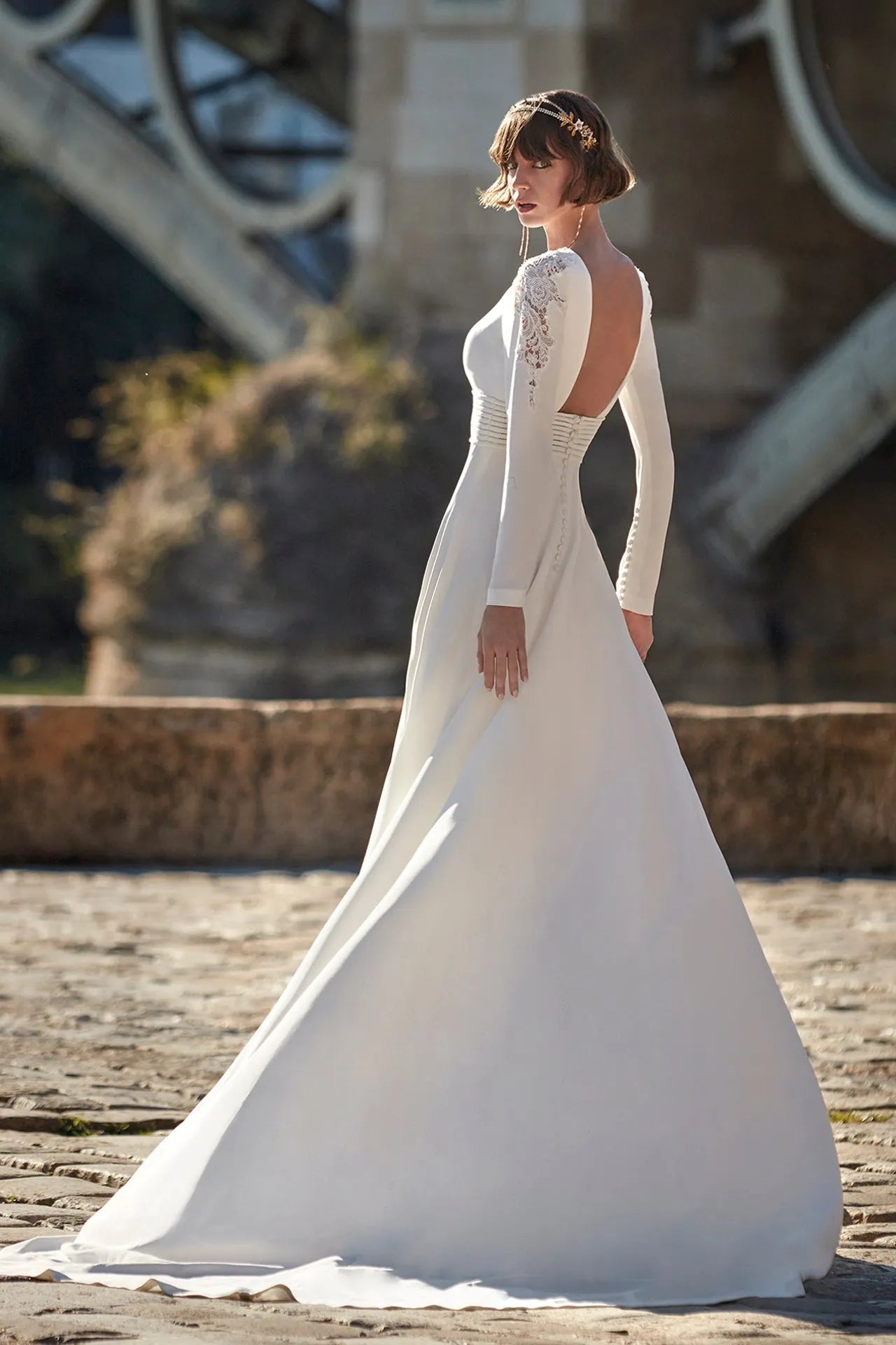 Crepe wedding gown with appliques