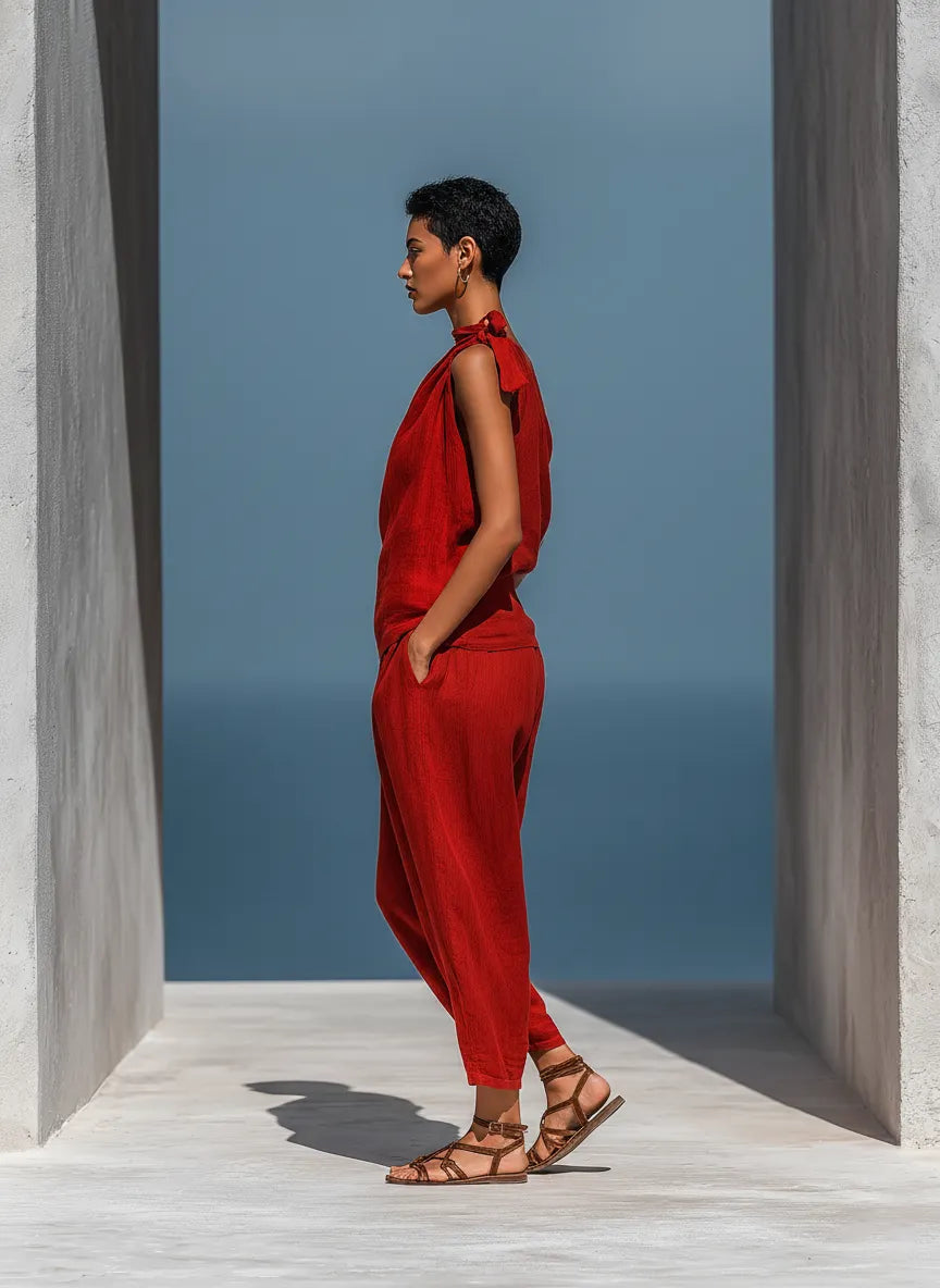 Women’s Red Linen Two-Piece Set: Asymmetrical One-Shoulder Top (Without Neck Scarf) & Wide-Leg Pants With Pockets MDZ2201D4T