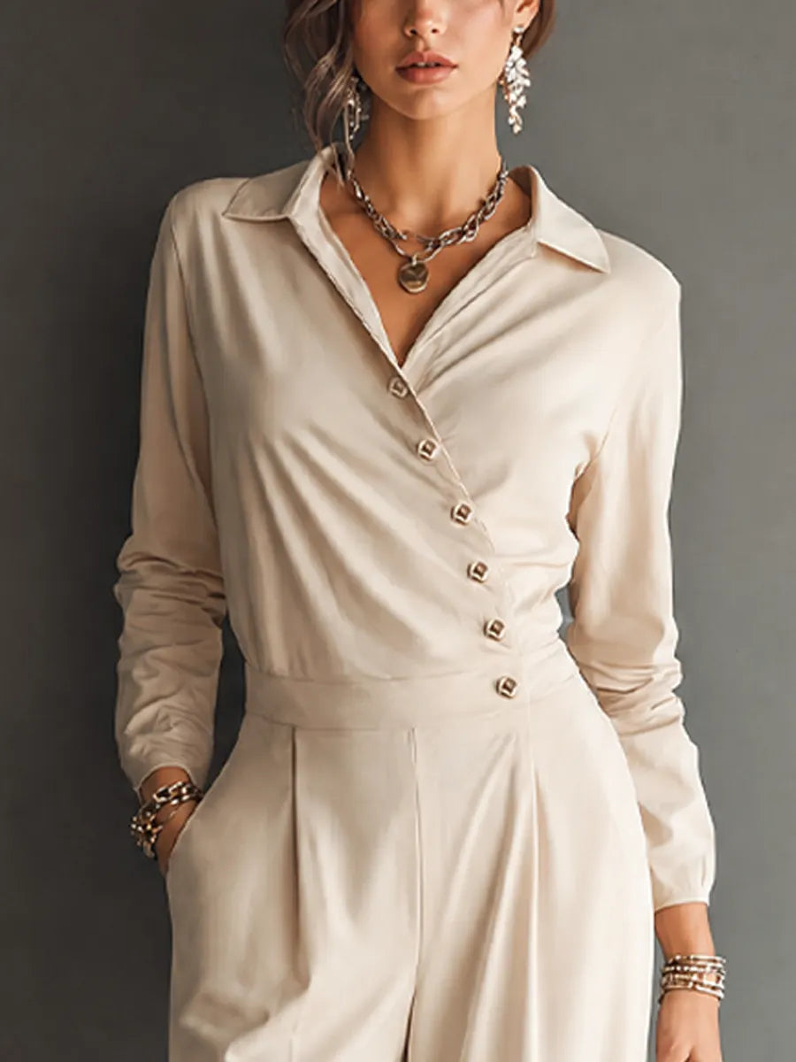 Women's Minimalist Workwear Style Apricot Cotton Blend Lapel Asymmetric Button Long Sleeve High Waist Wide Leg Long Jumpsuit MDZ0746G2GMJ