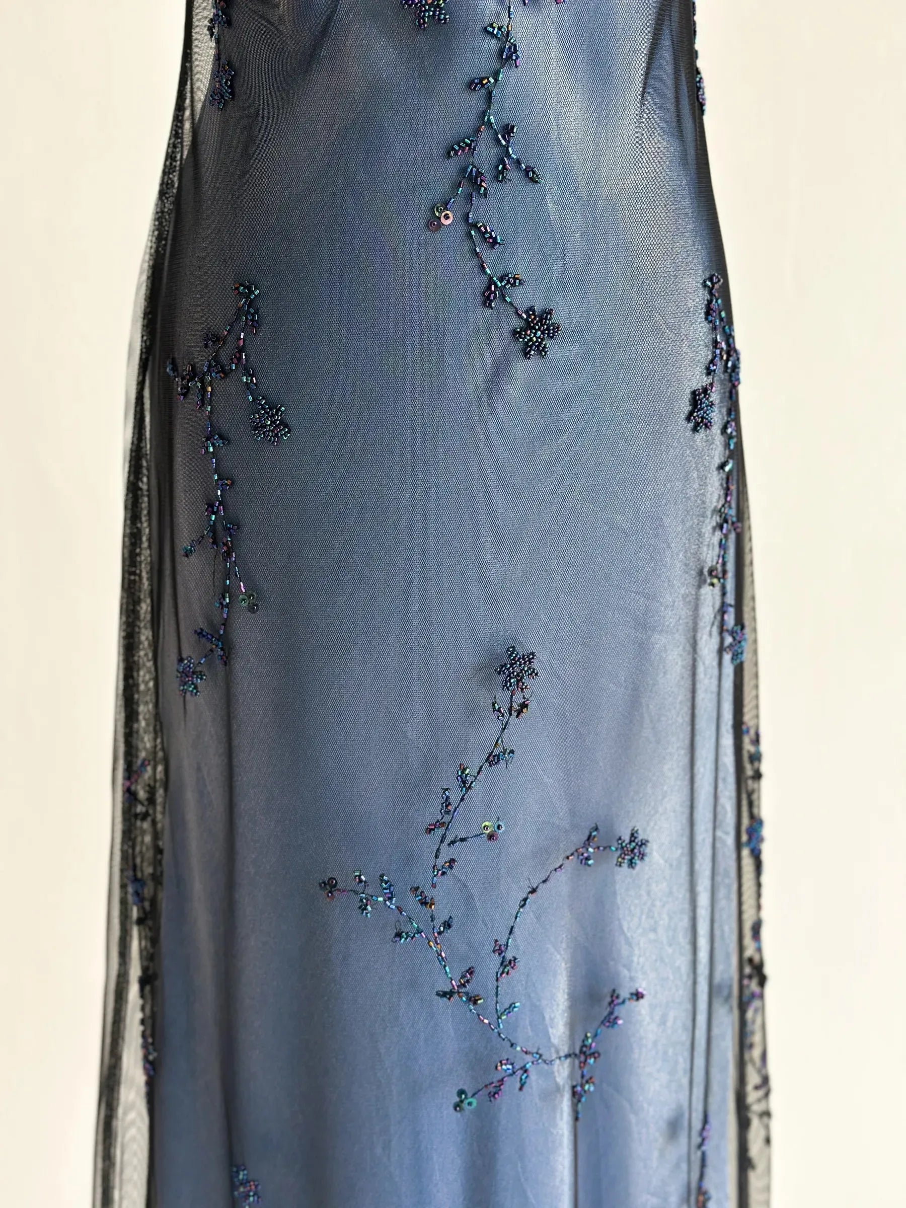 Navy Blue Tulle Beaded-Embroidered Sleeveless Floor-Length Vintage Gown
