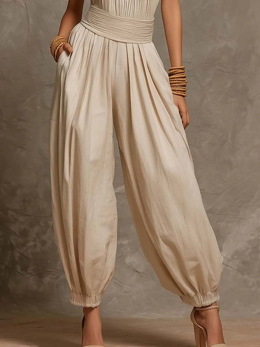 Bohemian Halter Smocked Waist Cotton-Linen Harem Jumpsuit
