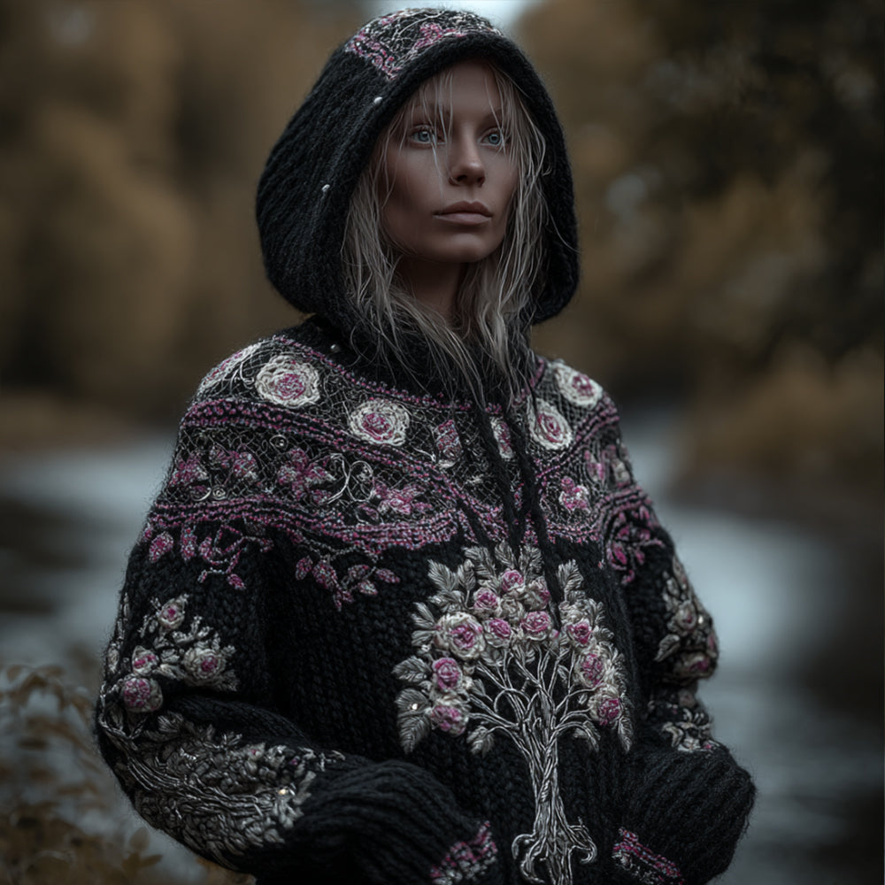 Women's Viking Style Tree Of Life And Patterned Black Warm Hooded Sweater