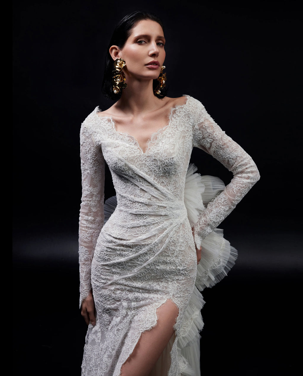 BELLE Re-defined Timeless Lace & Draped Tulle Sensual Slit Bridal Gown
