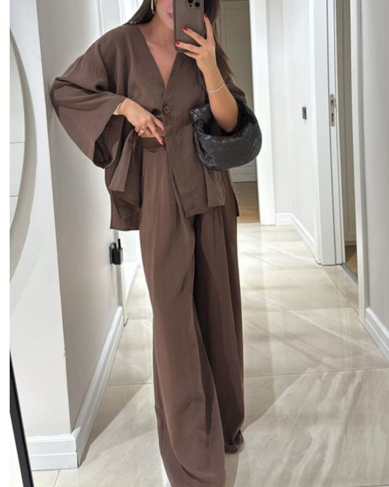 Casual V-Neck Top & Pants Two-Piece Set