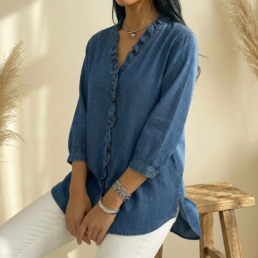 Vivara – Soft Ruffle V Neck Denim Blouse