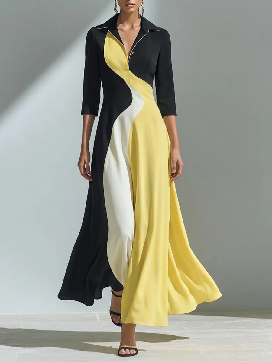 Women's Black Yellow White Cotton-Blend Maxi Dress With Collar Three Quarter Sleeves & Wavy Color Block Panel, Elegant Office Flowy Shirt Maxi Dress MDZ0883G7LYL