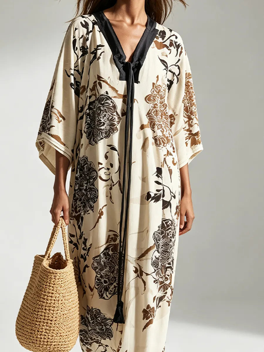 Resort-Style Straight-Cut Slimming Printed Kimono-Sleeved Maxi Dress