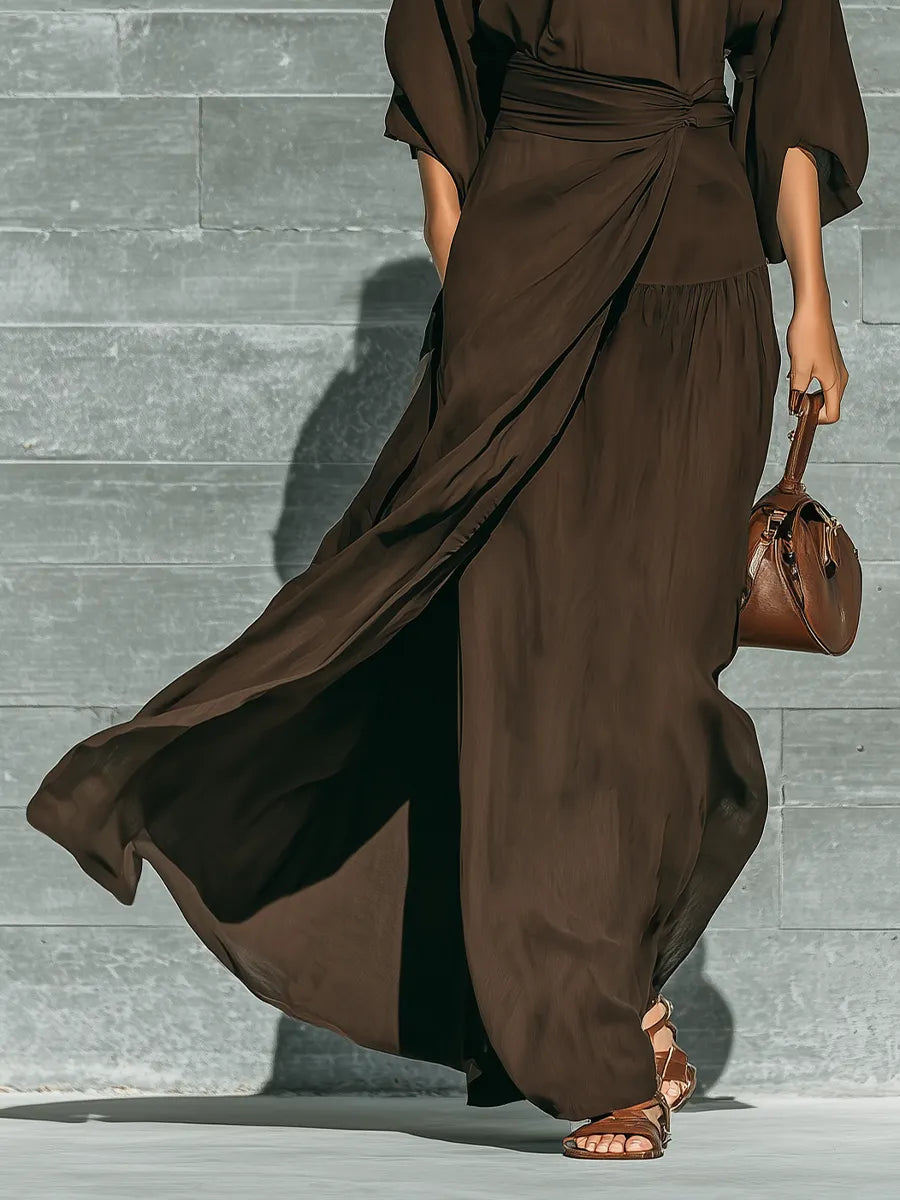 Women's Dark Brown Matte Satin Tie-Neck Three-Quarter Sleeve Dress MDZ0716G2YZJ
