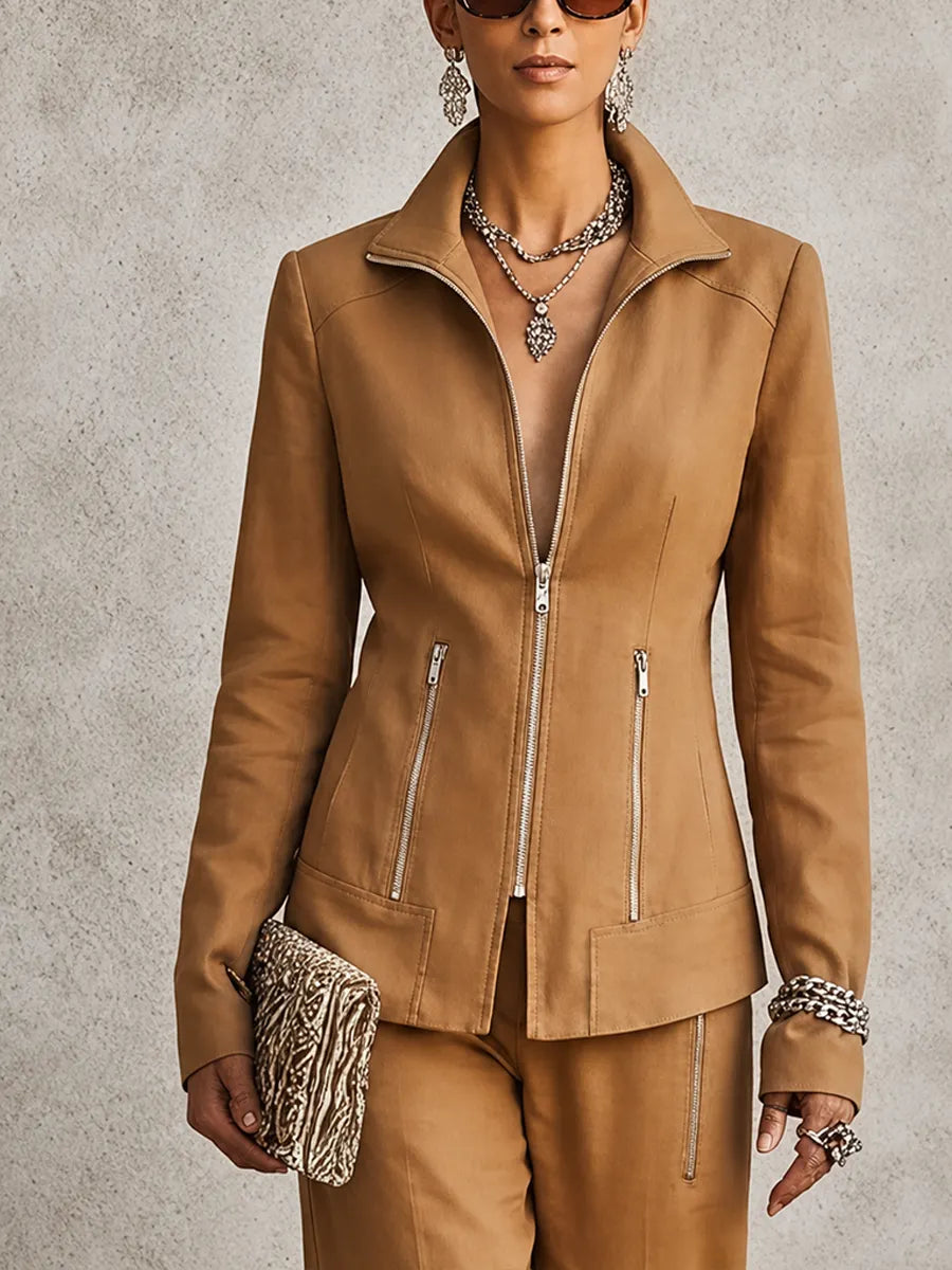 Women's Casual Brown Cotton-Blend Jacket With Stand Collar And Zip Pockets MDZ1787G7GMJ