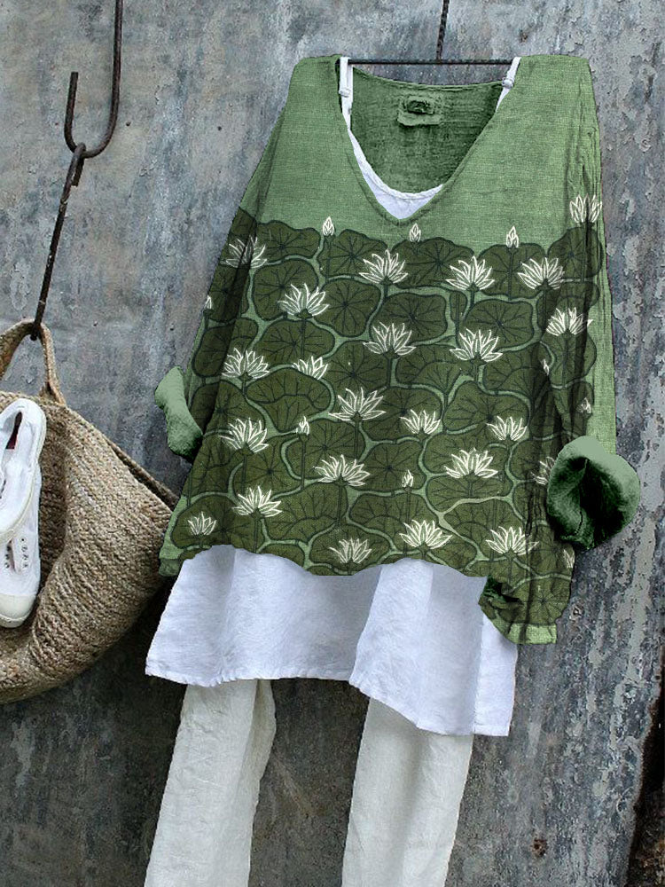 Vintage Lotus Flowers Art Linen Blend Cozy Tunic