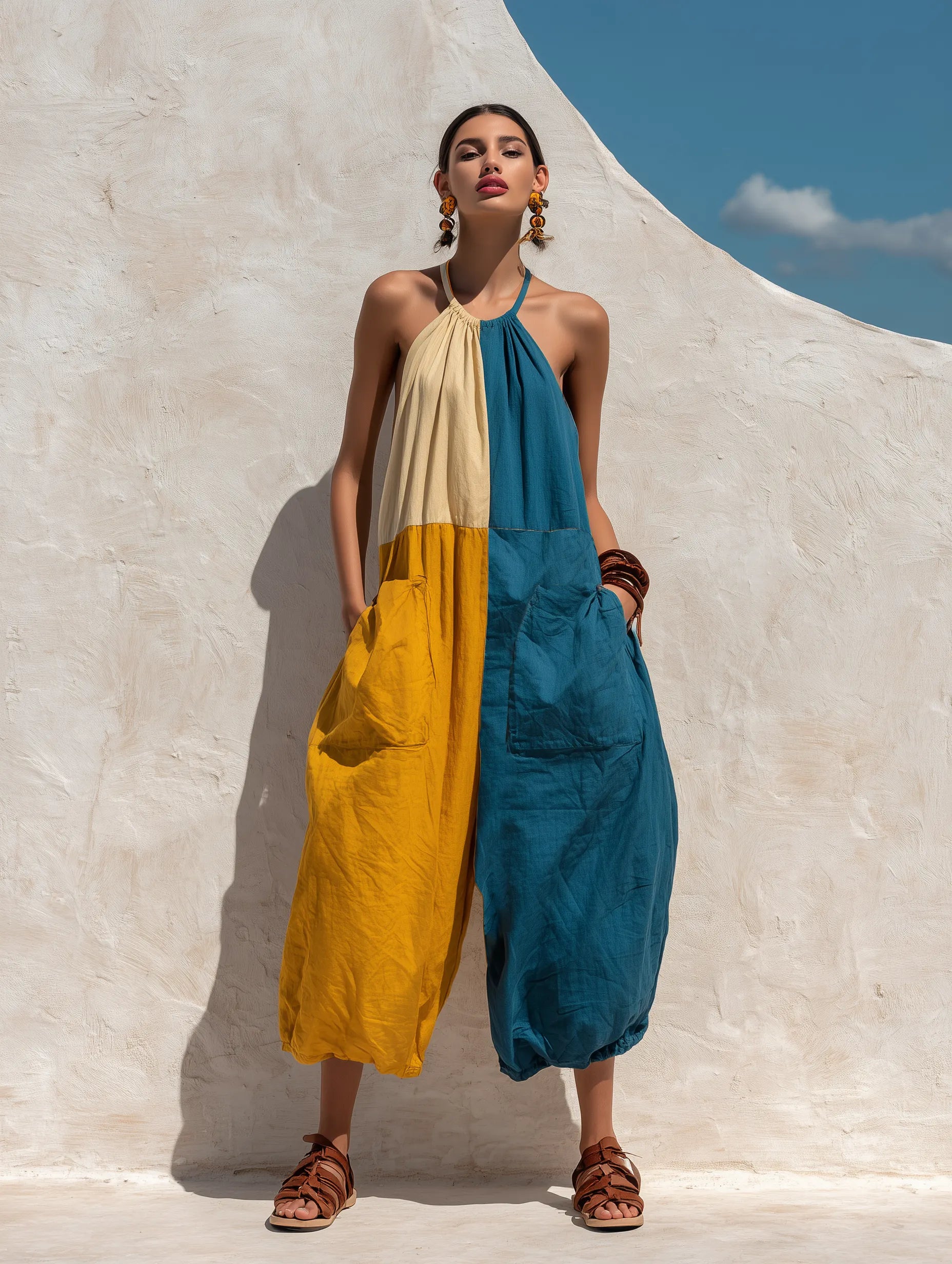 Women’s Boho Tri-Color Block Halter Sling Oversized Linen Baggy Jumpsuit With Big Cargo Pockets MDZ2362F8T