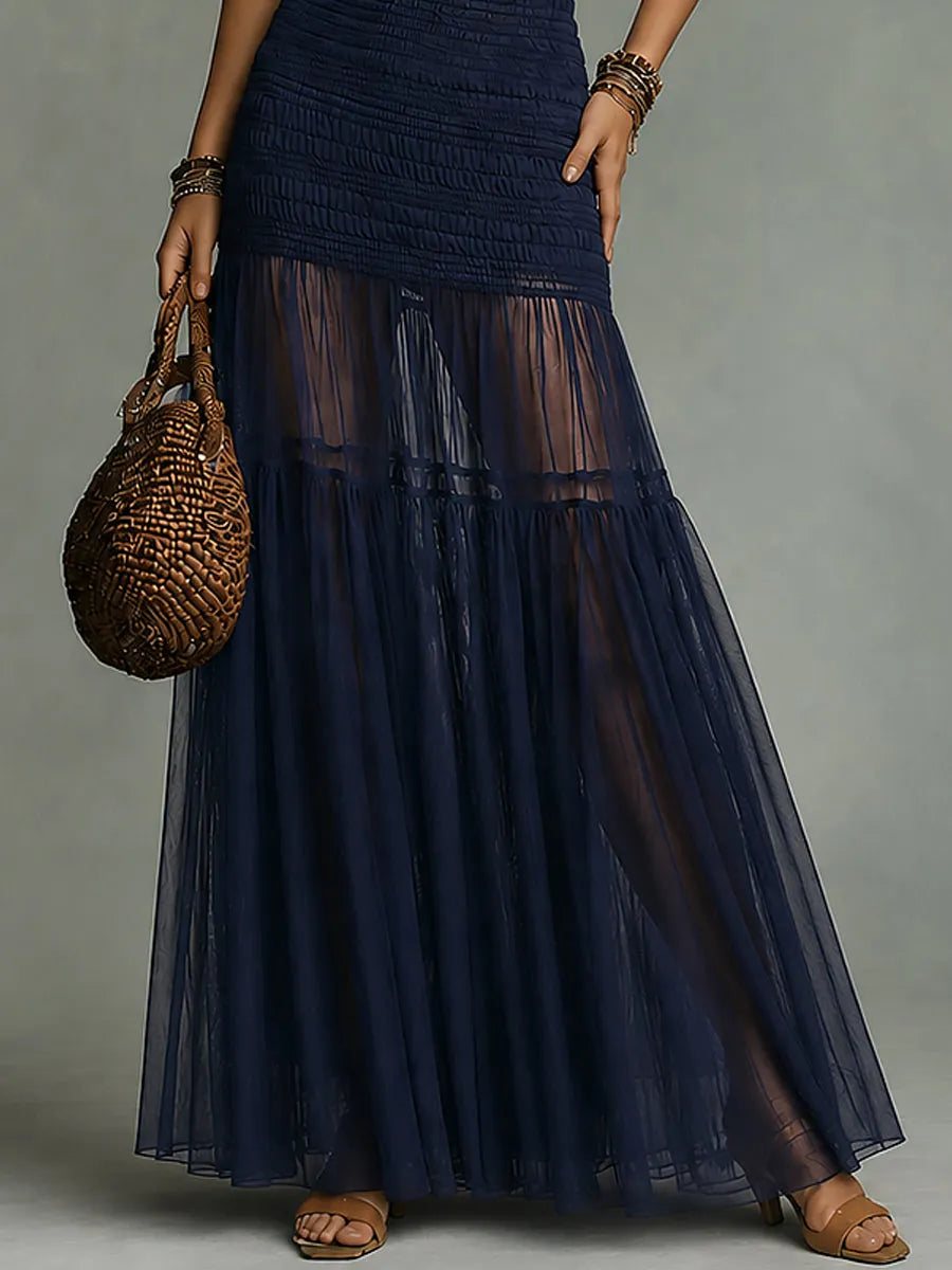 Boho-style Halter-neck Smocking Mesh Paneling Maxi Dress