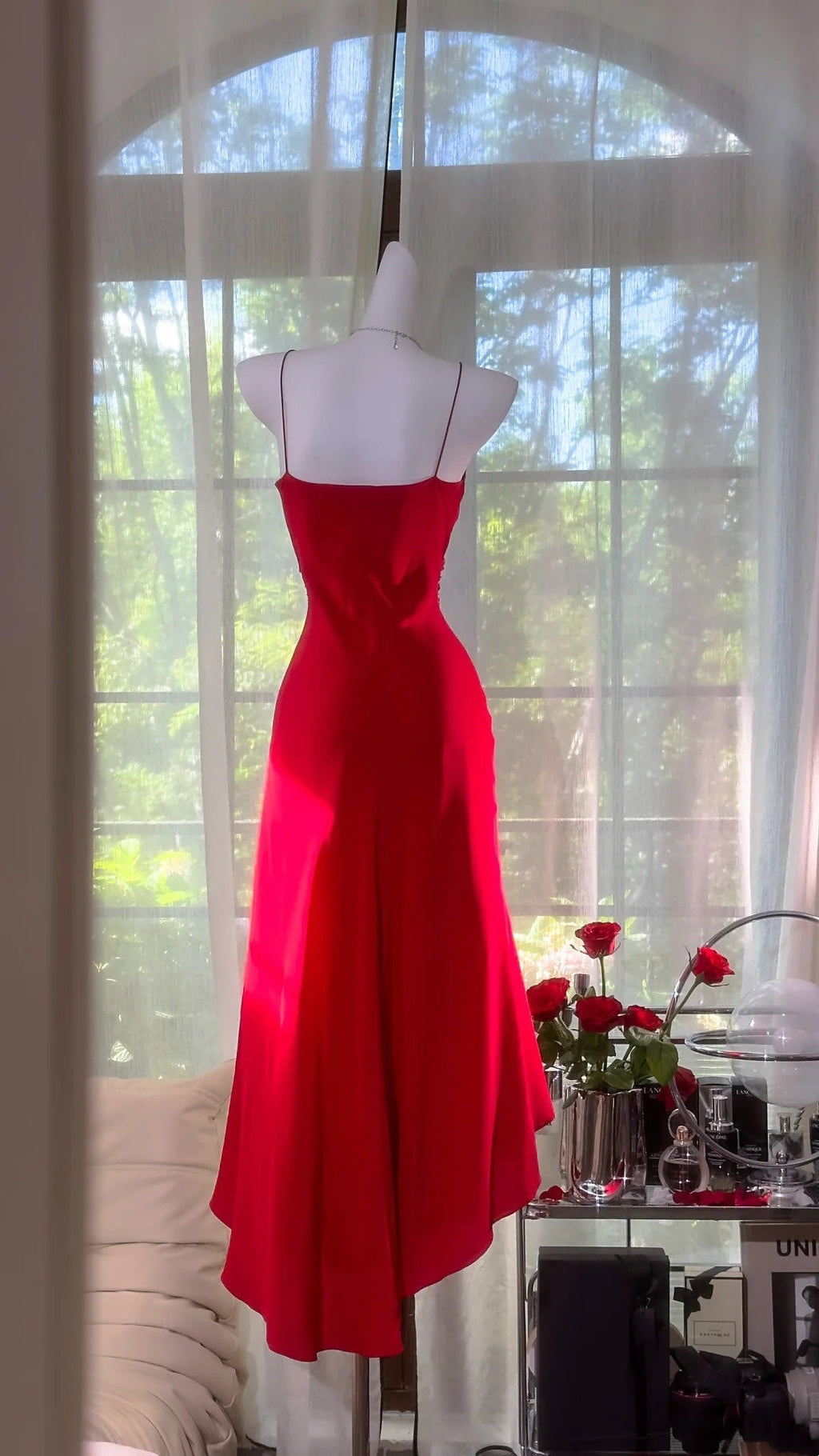 Red Fashion Sexy Elegant Satin Long V Neck Prom Dress Evening Dress Wedding Party Dress