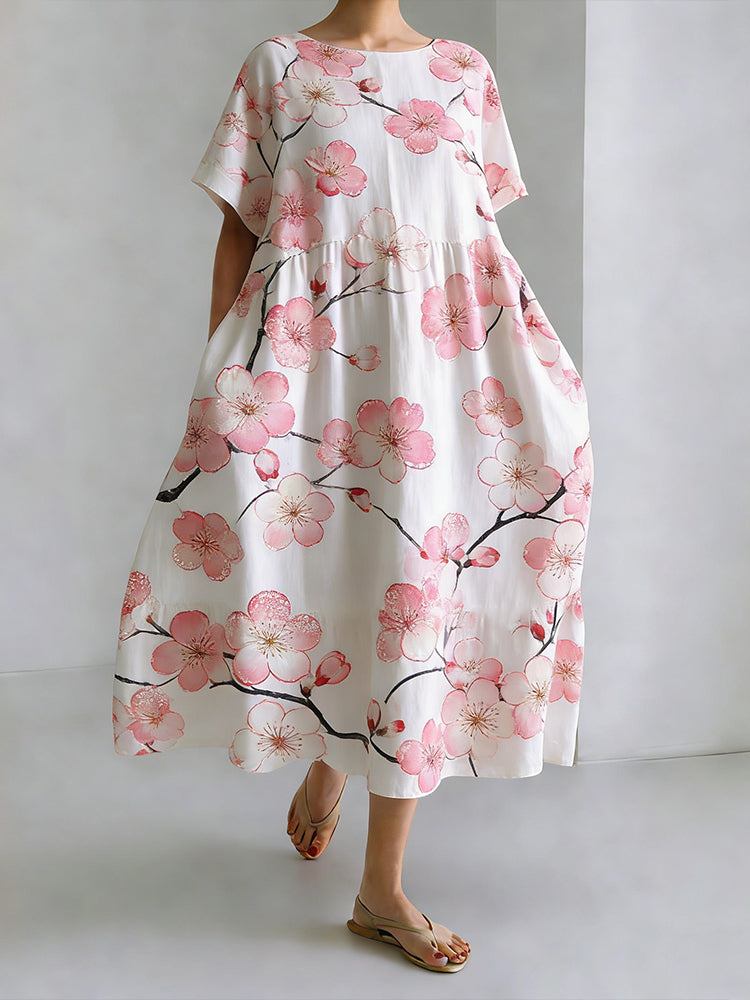 Japanese Art Cherry Blossom Printed Long Sleeve Casual Midi Dress