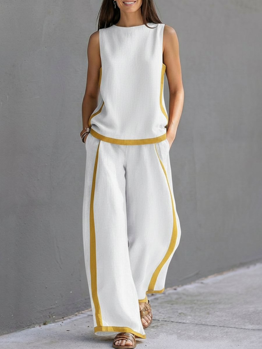 Contrast Color High Waisted Pants + Round-Neck Sleeveless Top Two Pieces Set