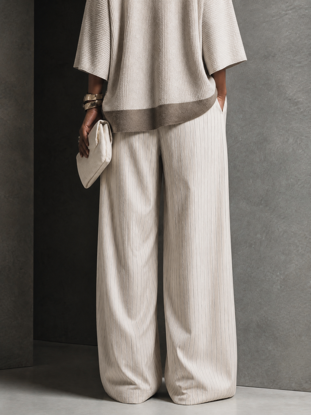 Women's Elegant Ivory Cotton Blend Pinstripe Wide-Leg Full-Length Pants MDZ2455G1GMJ