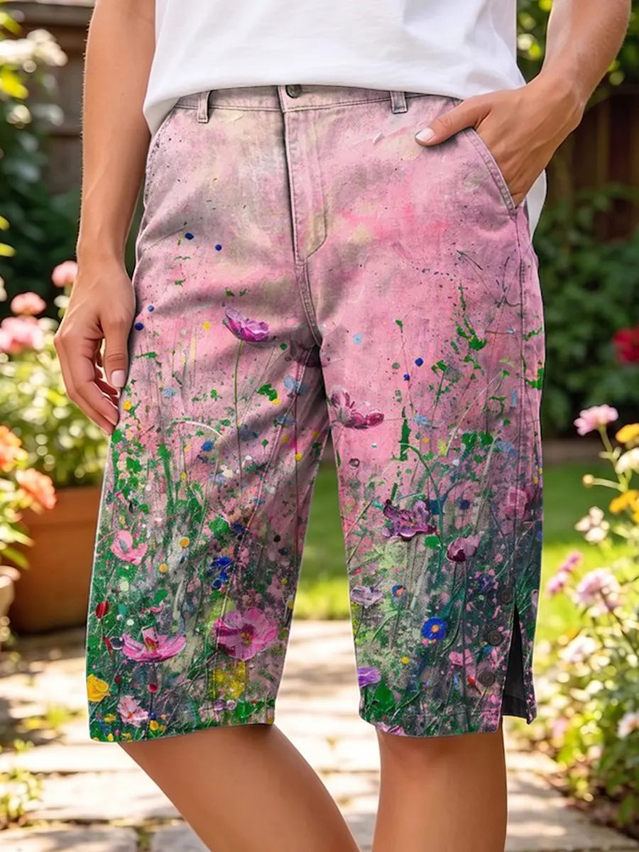 Vintage Flower Bed Women's Art Print Casual Cotton Denim Pants